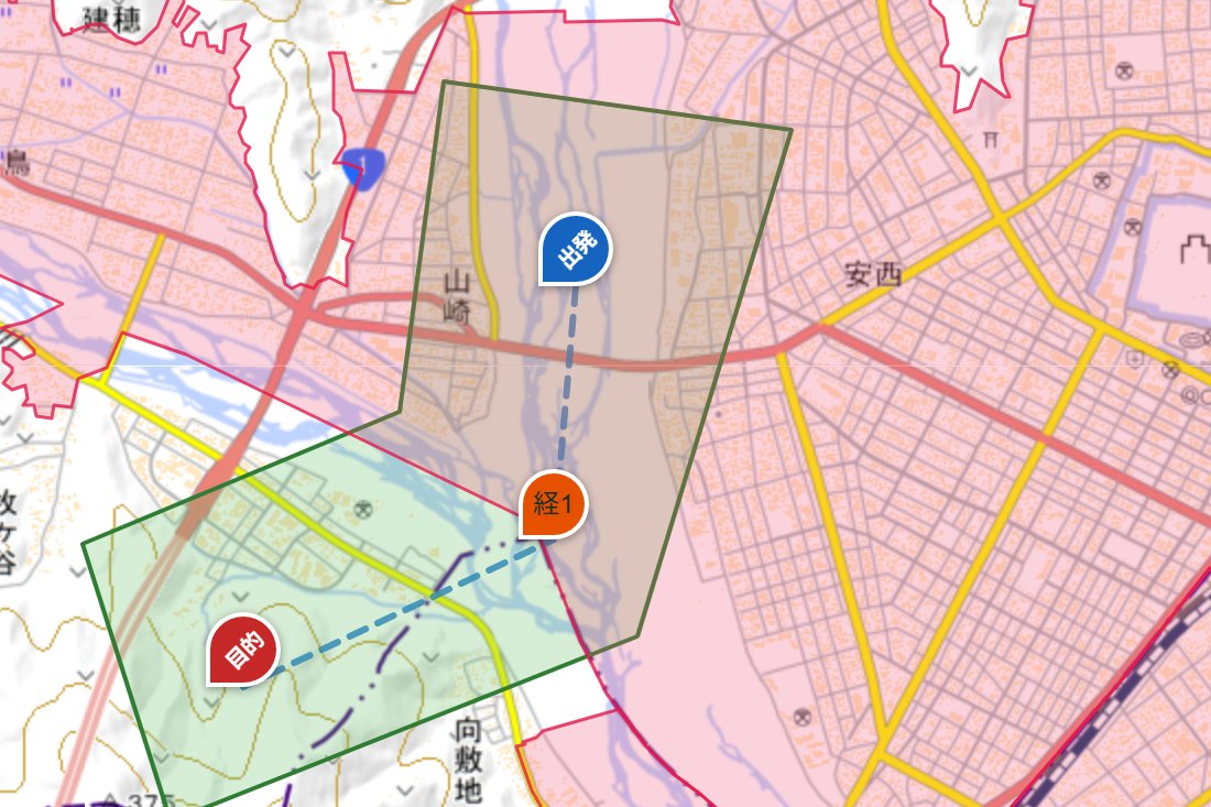 Merge Flight Ops の飛行計画画面。地図上に飛行エリアと出発地・経由地・目的地が表示されている