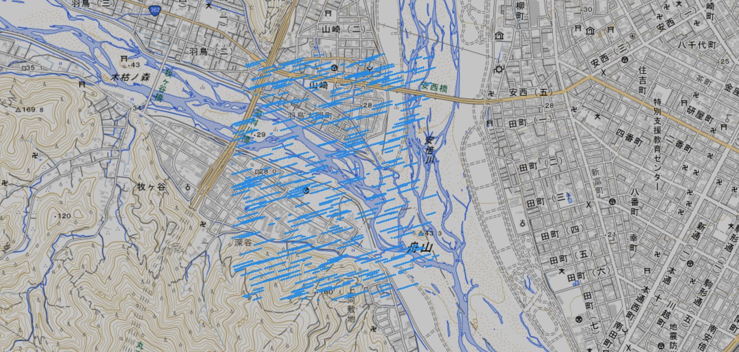 高度別の風向風速を地図上に表示した気象画面